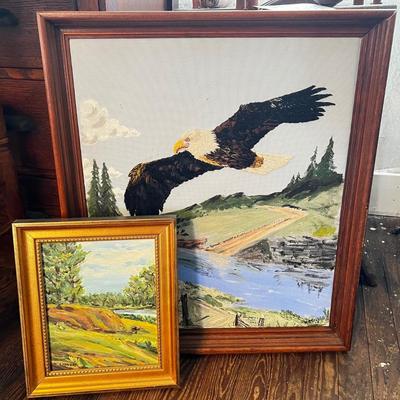 1430 Needlepoint Eagle Framed Art with Oil Landscape Painting