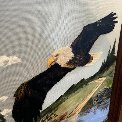 1430 Needlepoint Eagle Framed Art with Oil Landscape Painting