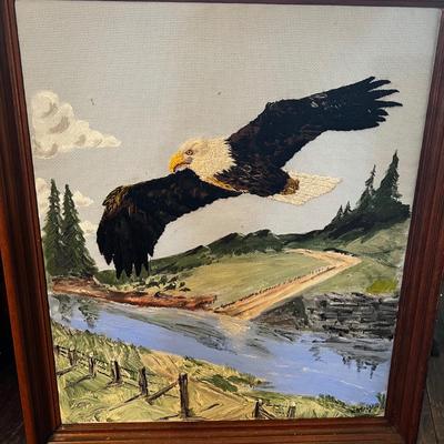 1430 Needlepoint Eagle Framed Art with Oil Landscape Painting