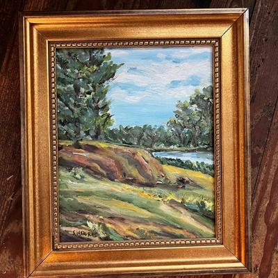 1430 Needlepoint Eagle Framed Art with Oil Landscape Painting