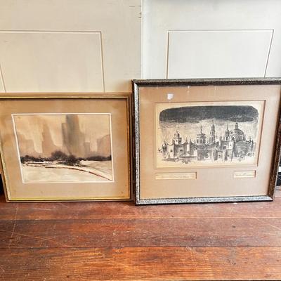 1431 Framed Signed and Numbered Etching by W.L. Prescott with Original Watercolor