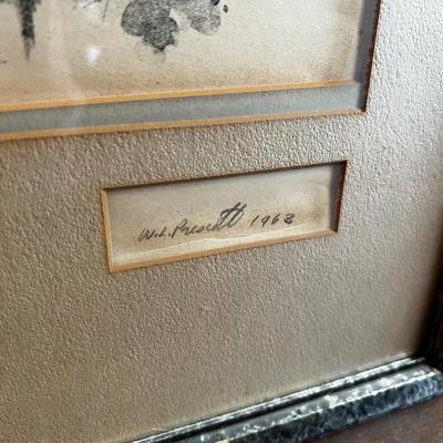 1431 Framed Signed and Numbered Etching by W.L. Prescott with Original Watercolor