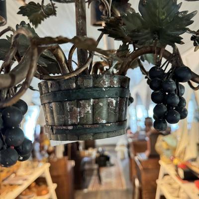 1433 Vintage Grapevine and Barrel Heavy Metal Chandelier w/Lampshades