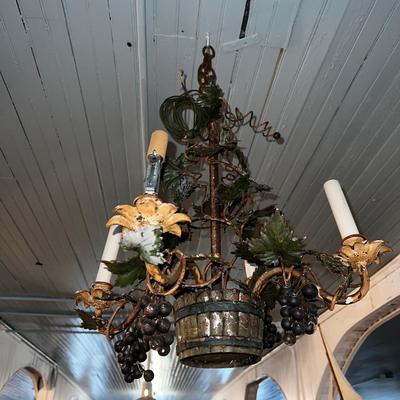 1433 Vintage Grapevine and Barrel Heavy Metal Chandelier w/Lampshades