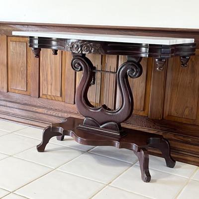 Solid Mahogany Harp Console Table ~ With Carrara Marble Top~ * Read Details