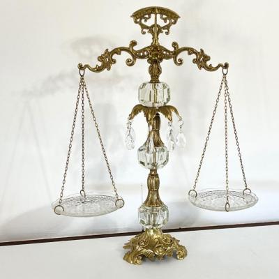 Pair (2) Glass / Brass Scales Of Justice & Candelabra
