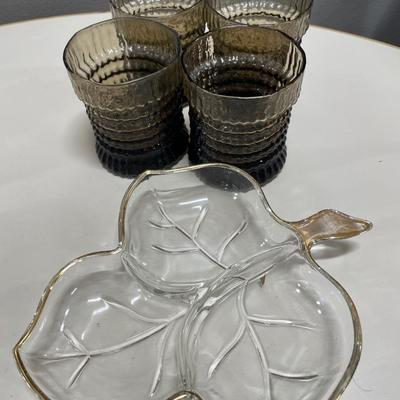 Leaf dish and frosted juice glasses