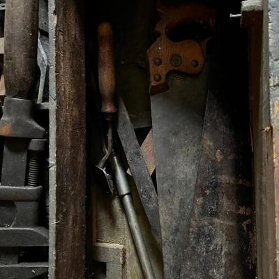 N1439 Antique Wooden Tool Chest with Antique Tools