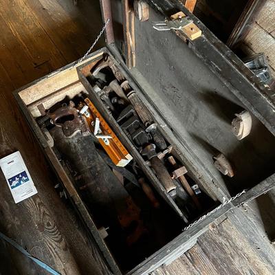 N1439 Antique Wooden Tool Chest with Antique Tools