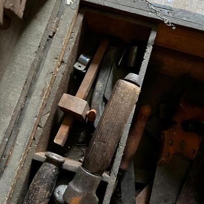 N1439 Antique Wooden Tool Chest with Antique Tools