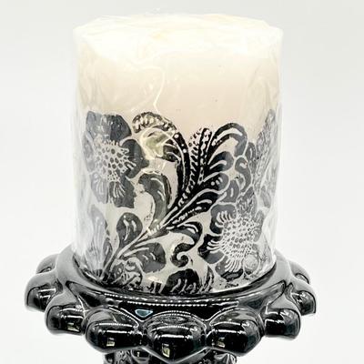 13â€ Black & White Ceramic Candlesticks ~ With 4â€ Decorative Candle