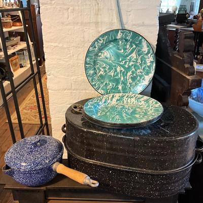 1449 Spatterware Plates and Roaster with L.L Bean Cast Iron Pot with Enamel Coating