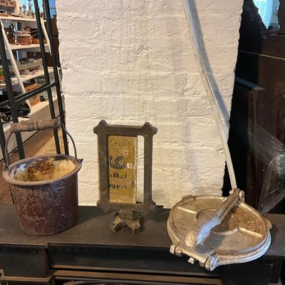 1450 Cast Iron Pale , Tortilla Press & Antique Cast Iron Sign