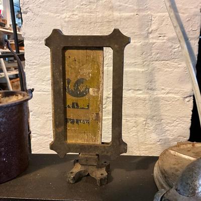 1450 Cast Iron Pale , Tortilla Press & Antique Cast Iron Sign