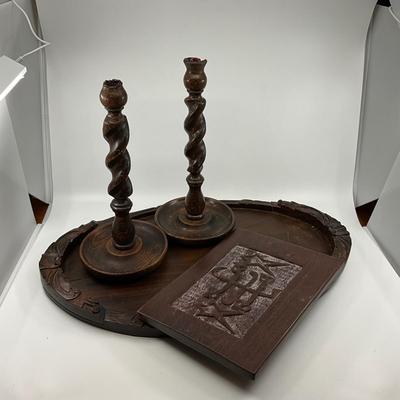 1453 Vintage Wood Barley Twist Candlesticks with Wood Carved Tray