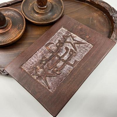 1453 Vintage Wood Barley Twist Candlesticks with Wood Carved Tray