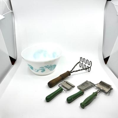 1467 Vintage Fireking Bowl with Kitchen Tools