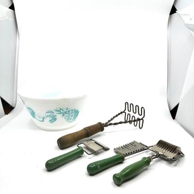 1467 Vintage Fireking Bowl with Kitchen Tools