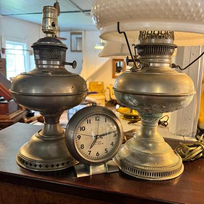 1470 Lot of 2 Pewter Electric Oil Lamps