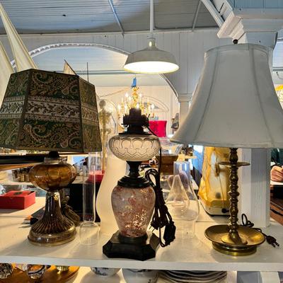 1471 Vintage Glass Lamp lot with Brass Lamp