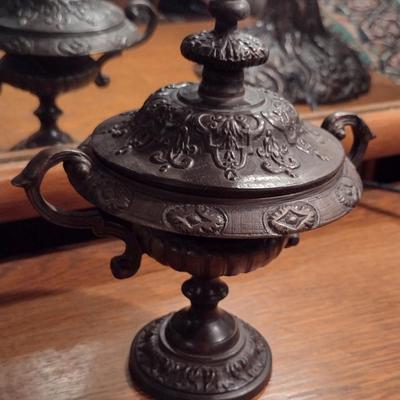 Cast Metal Small, Decorative Pedestal Bowl with Lid