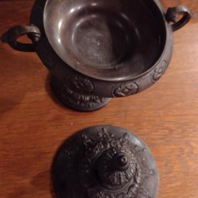 Cast Metal Small, Decorative Pedestal Bowl with Lid