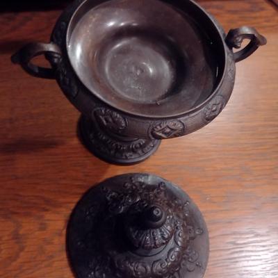 Cast Metal Small, Decorative Pedestal Bowl with Lid