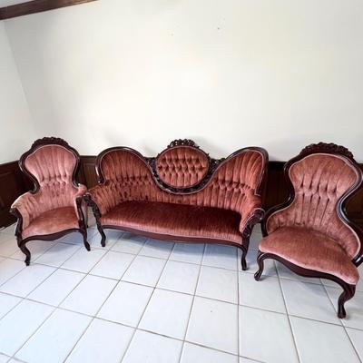 AMERICAN FURNITURE GALLERIES ~ Three (3) Piece Mahogany Floral Upholstered Victorian Style Tufted Set