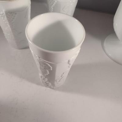 Vintage Grapes and Leaves Theme Milk Glass Pitcher and Four Glasses