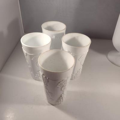 Vintage Grapes and Leaves Theme Milk Glass Pitcher and Four Glasses