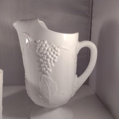 Vintage Grapes and Leaves Theme Milk Glass Pitcher and Four Glasses