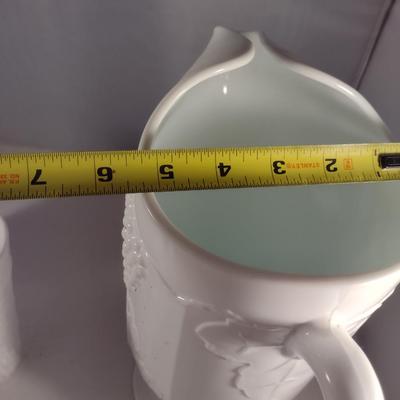 Vintage Grapes and Leaves Theme Milk Glass Pitcher and Four Glasses