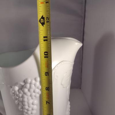 Vintage Grapes and Leaves Theme Milk Glass Pitcher and Four Glasses