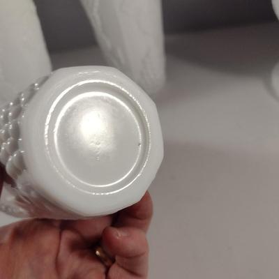 Vintage Grapes and Leaves Theme Milk Glass Pitcher and Four Glasses