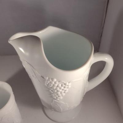Vintage Grapes and Leaves Theme Milk Glass Pitcher and Four Glasses