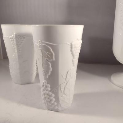 Vintage Grapes and Leaves Theme Milk Glass Pitcher and Four Glasses