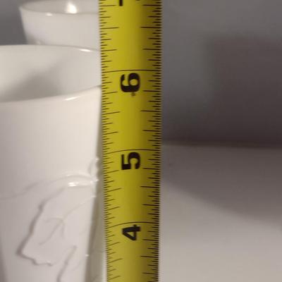 Vintage Grapes and Leaves Theme Milk Glass Pitcher and Four Glasses