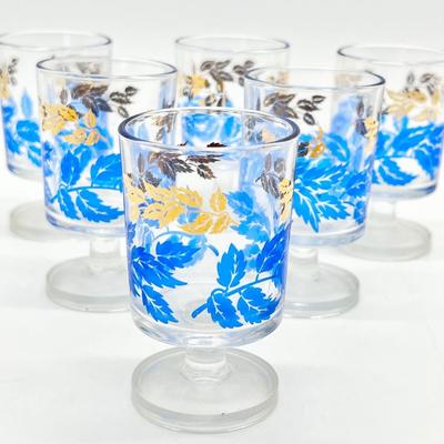 Vtg. Blue & Gold Leaf Footed Cordial Glasses ~ Set Of Six (6)
