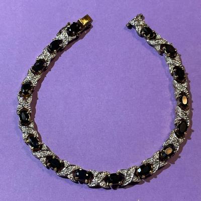 Vintage Blue Stone & Diamond Chips Fashion Gold-toned on Sterling Silver Tennis Bracelet 8" Long & 1/4" Wide in Good...