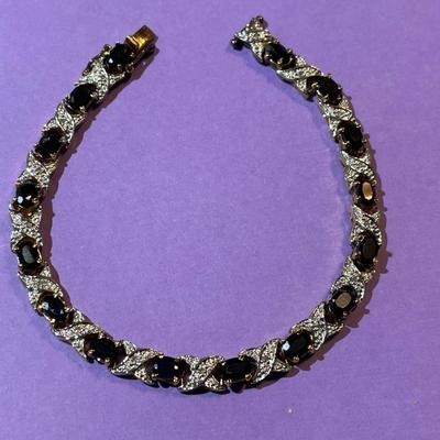 Vintage Blue Stone & Diamond Chips Fashion Gold-toned on Sterling Silver Tennis Bracelet 8" Long & 1/4" Wide in Good...