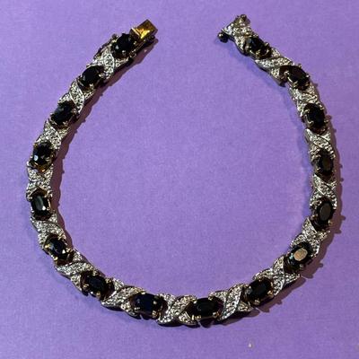 Vintage Blue Stone & Diamond Chips Fashion Gold-toned on Sterling Silver Tennis Bracelet 8" Long & 1/4" Wide in Good...