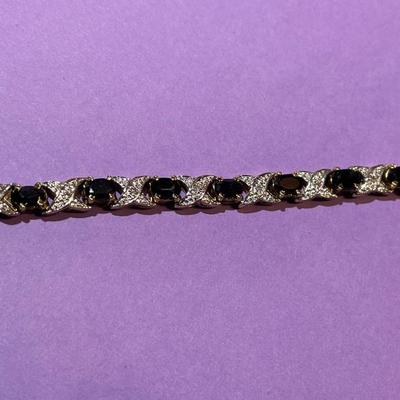 Vintage Blue Stone & Diamond Chips Fashion Gold-toned on Sterling Silver Tennis Bracelet 8" Long & 1/4" Wide in Good...