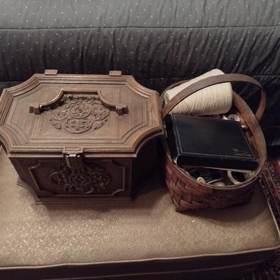 Vintage Faux Wood Plastic Sewing Box with Tray Including Supplies and Accessories