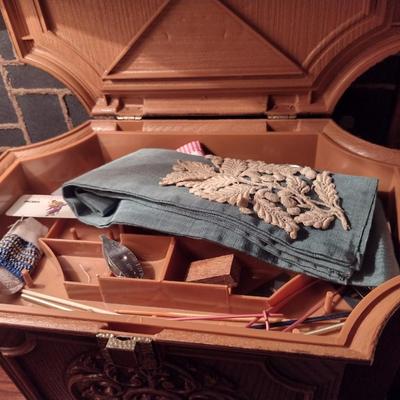 Vintage Faux Wood Plastic Sewing Box with Tray Including Supplies and Accessories