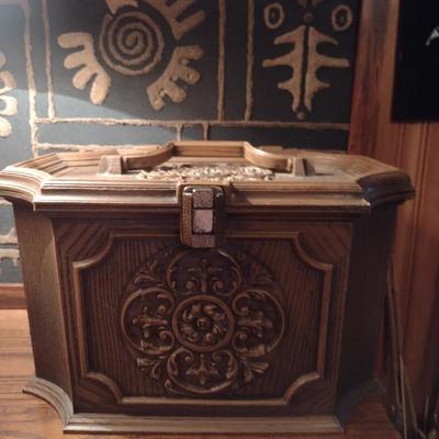 Vintage Faux Wood Plastic Sewing Box with Tray Including Supplies and Accessories