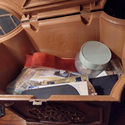 Vintage Faux Wood Plastic Sewing Box with Tray Including Supplies and Accessories