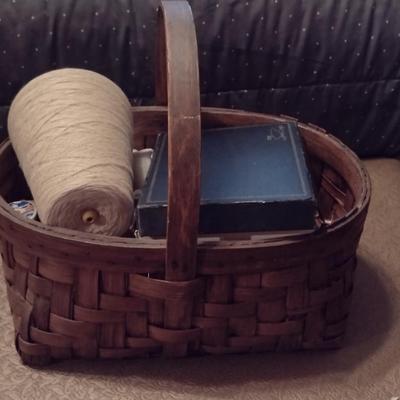 Vintage Faux Wood Plastic Sewing Box with Tray Including Supplies and Accessories