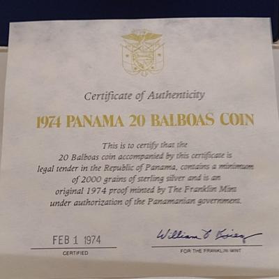 1974 Panama 20 Balboas 2000 Grain Sterling Silver .925 Proof Coin Franklin Mint with C.O.A. (#38)