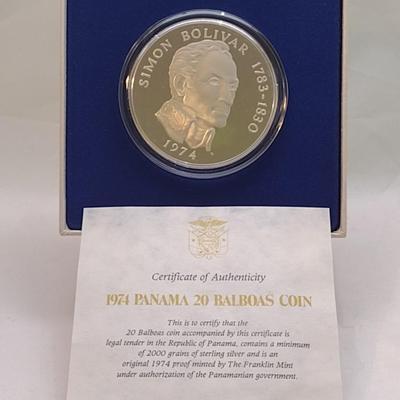 1974 Panama 20 Balboas 2000 Grain Sterling Silver .925 Proof Coin Franklin Mint with C.O.A. (#38)