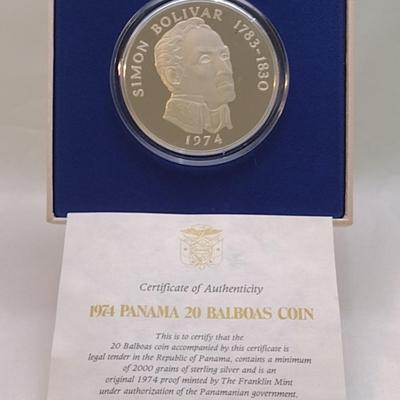 1974 Panama 20 Balboas 2000 Grain Sterling Silver .925 Proof Coin Franklin Mint with C.O.A. (#39)